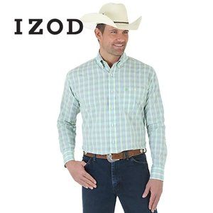 IZOD Men Green Blue Plaid Oxford Button Down Long Sleeves Shirt Large
